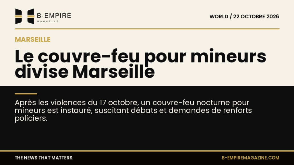 Image divisée en deux zones, une moitié en papier avec le titre en noir, l'autre en noir avec texte en or, évoquant la ville de Marseille et un couvre-feu.