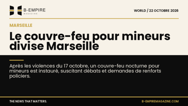 Image divisée en deux zones, une moitié en papier avec le titre en noir, l'autre en noir avec texte en or, évoquant la ville de Marseille et un couvre-feu.