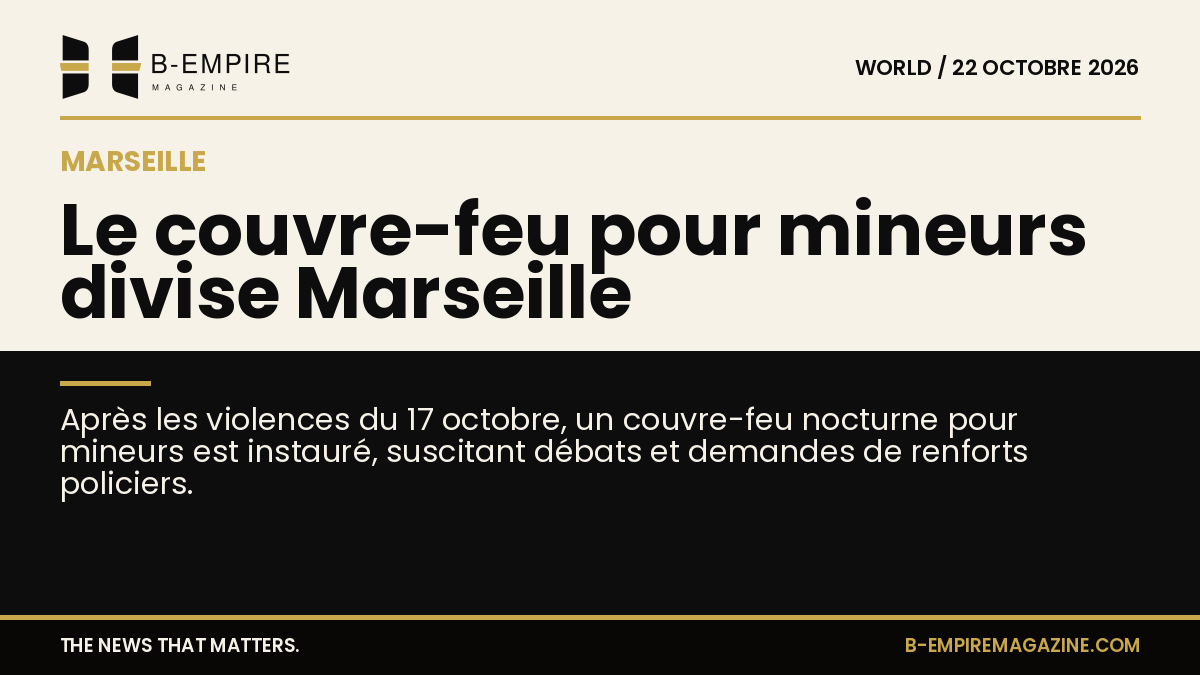 Image divisée en deux zones, une moitié en papier avec le titre en noir, l'autre en noir avec texte en or, évoquant la ville de Marseille et un couvre-feu.