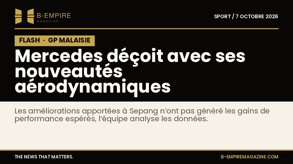 Visuel avec bloc noir marqué FLASH et texte blanc et or sur les difficultés de Mercedes en Malaisie