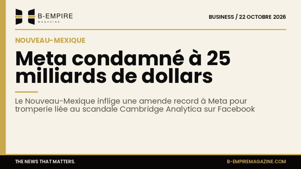 Texte sur fond papier avec une bande dorée et le titre indiquant la condamnation financière de Meta au Nouveau-Mexique