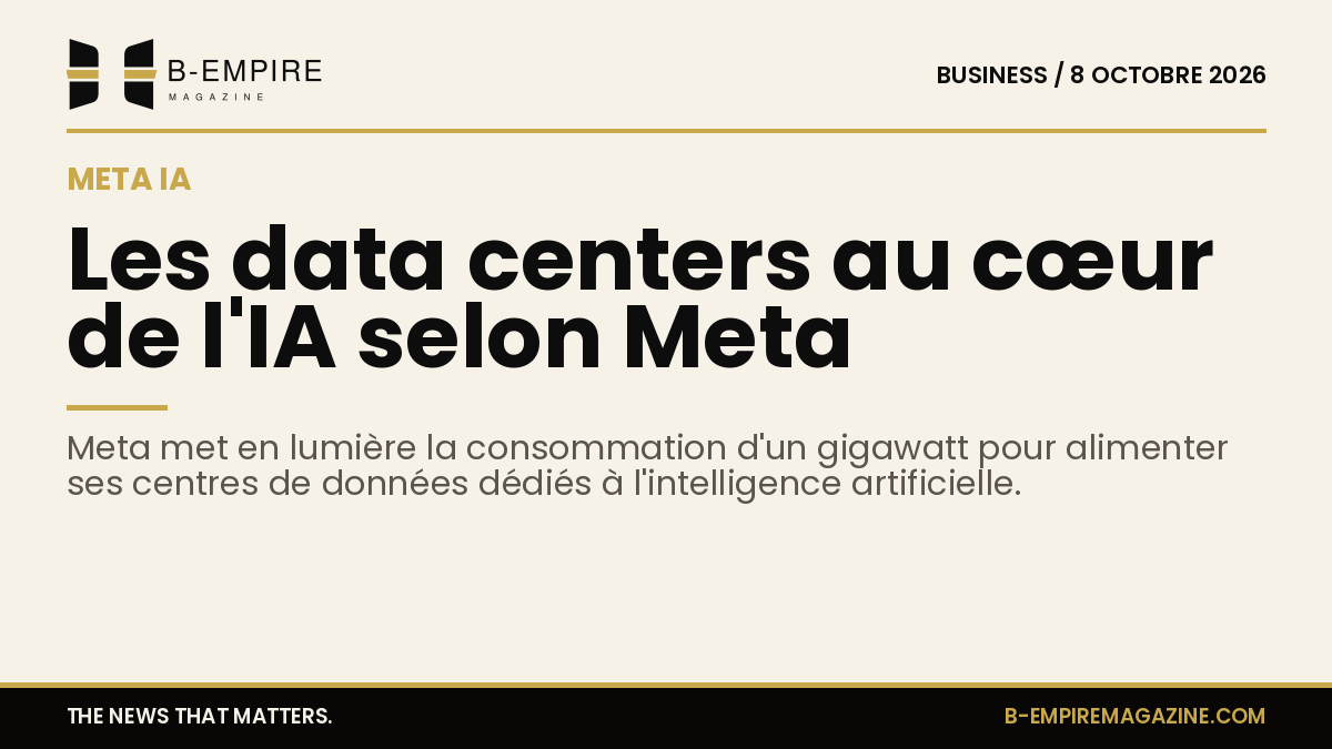 Illustration stylisée d'un centre de données avec des lumières dorées sur fond papier, symbolisant l'infrastructure énergétique de Meta pour l'IA.