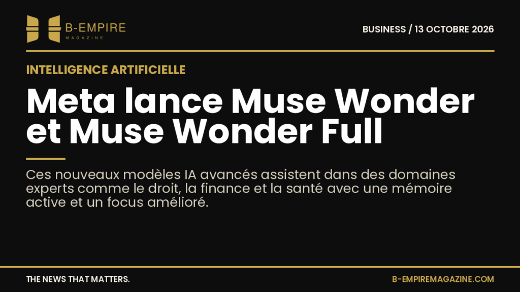 Présentation officielle de Meta annonçant les modèles d'intelligence artificielle Muse Wonder et Muse Wonder Full sur fond noir avec texte en encre et or.