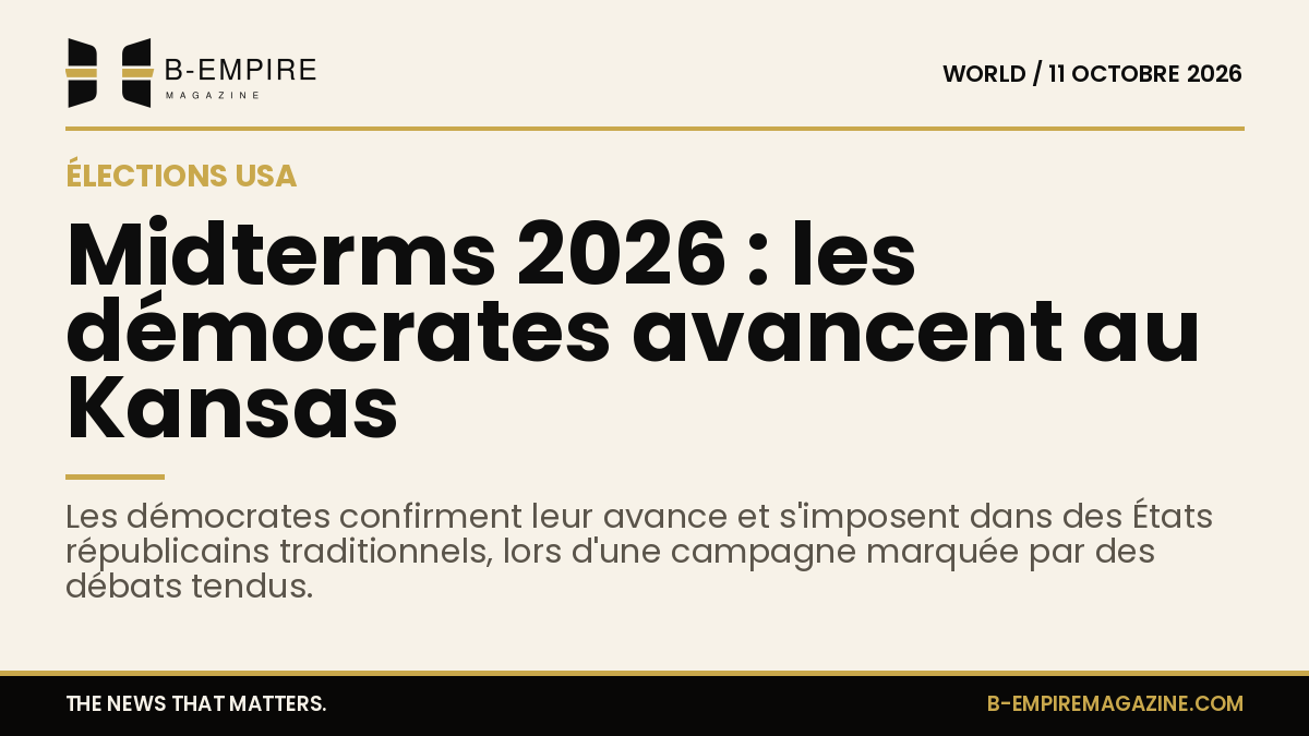 Visuel avec un fond papier, titre en encre indiquant la progression des démocrates aux élections midterms 2026, avec des couleurs or pour souligner les points clés.