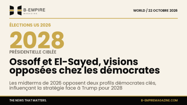 Visuel avec chiffre 2028 en doré sur fond papier, symbolisant la présidentielle américaine de 2028
