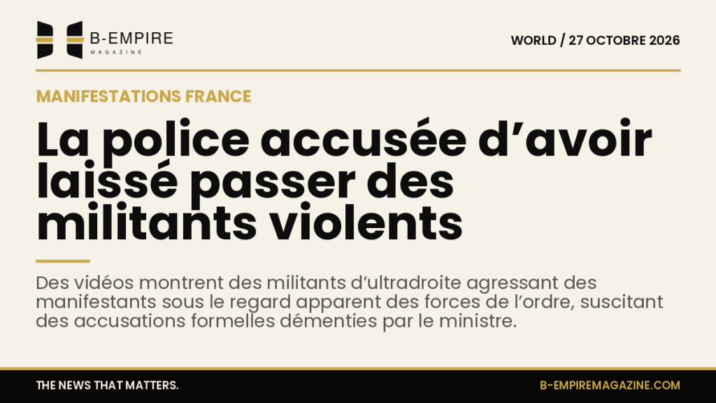 Photo d’une manifestation avec des forces de l’ordre en tenue anti-émeute et des manifestants dans une rue en ville.
