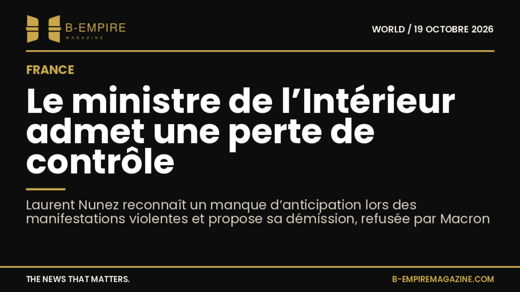 Portrait de Laurent Nunez avec un fond sombre et titre en blanc et or sur fond noir