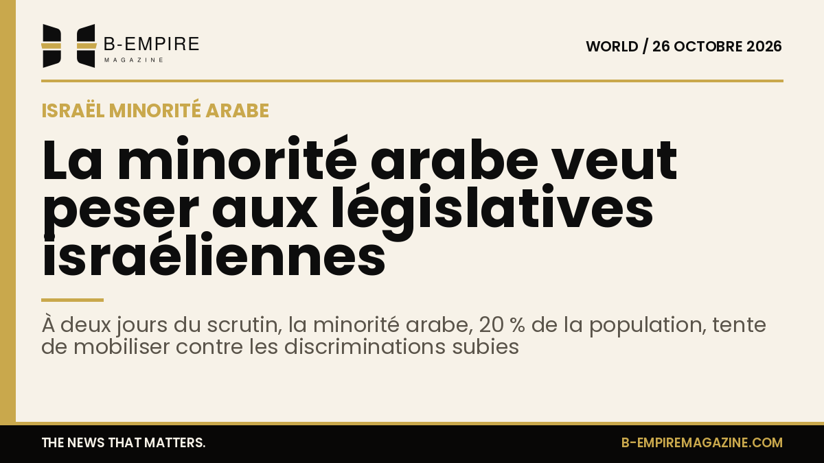 Graphique avec une bande or en haut et texte sur fond papier présentant la minorité arabe en Israël et sa mobilisation aux élections législatives.