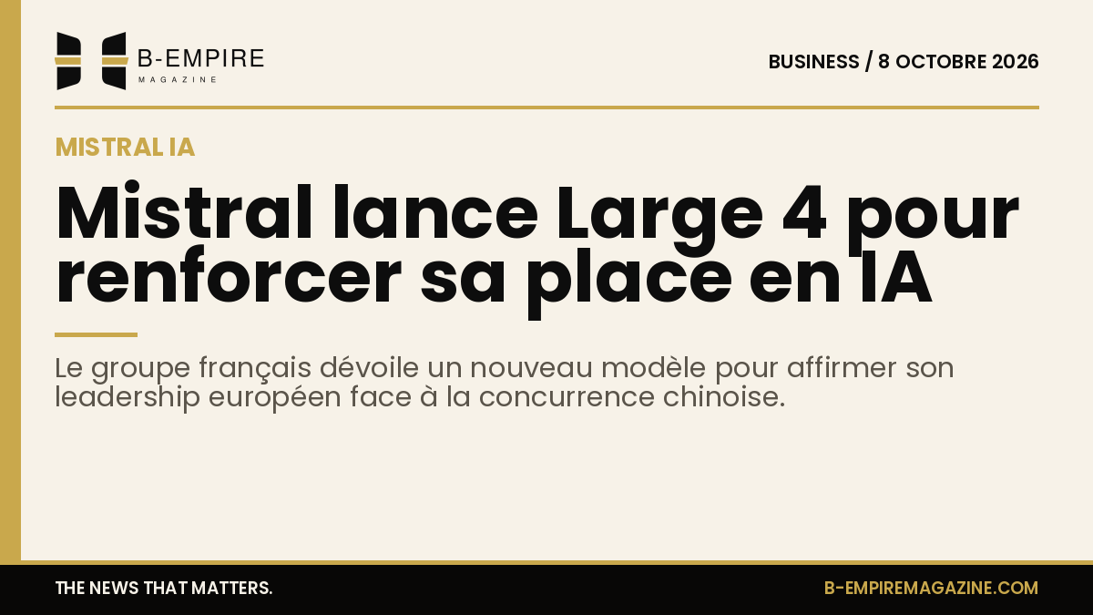 Présentation du modèle d'intelligence artificielle Large 4 par le groupe français Mistral sur un fond encre et or avec bande dorée