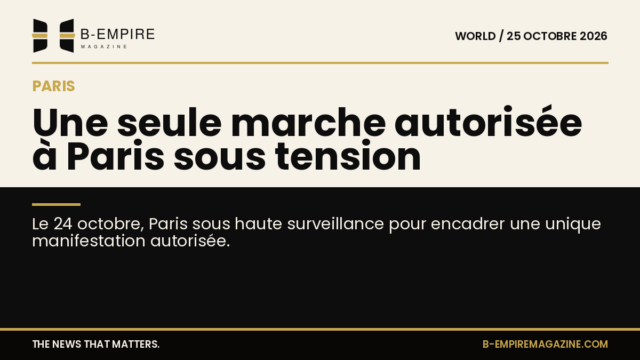 Vue symbolique de Paris avec présence militaire et policière lors d'une manifestation sous haute surveillance.