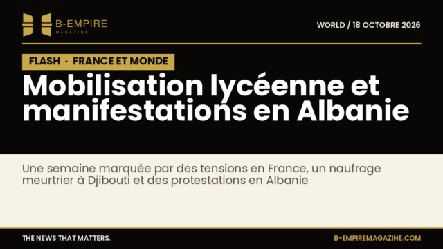 Visuel avec bloc noir et texte blanc et or annonçant les mobilisations lycéennes en France et manifestations en Albanie