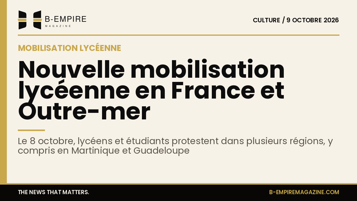 Affiche stylisée avec une bande or en haut, titre en encre sur fond papier annonçant une journée de mobilisation lycéenne en France et Outre-mer