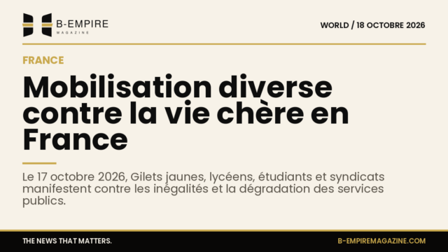 Affiche papier avec un grand titre indiquant une mobilisation sociale en France contre la vie chère et les inégalités, fond papier avec police Poppins.