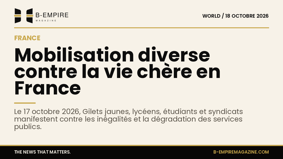 Affiche papier avec un grand titre indiquant une mobilisation sociale en France contre la vie chère et les inégalités, fond papier avec police Poppins.