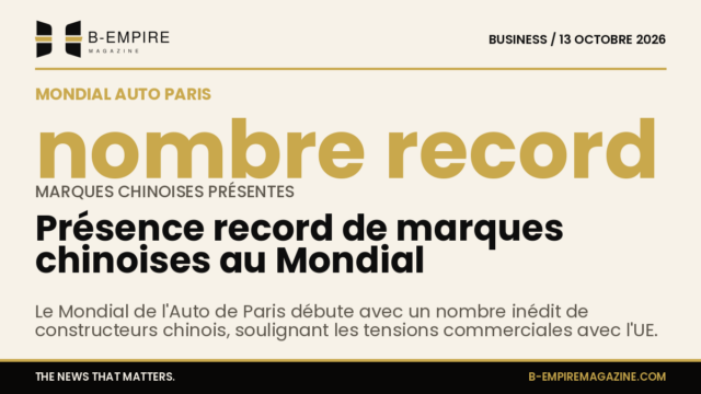 Logo du Mondial de l’Auto sur fond papier avec un chiffre clé indiquant la présence record de marques chinoises à Paris