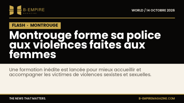 Affiche stylisée avec le mot FLASH en blanc sur fond noir, évoquant une information urgente sur une formation policière à Montrouge.