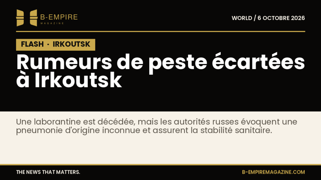 Texte en bloc noir avec inscription blanche et or « FLASH » annonçant des rumeurs de peste écartées à Irkoutsk