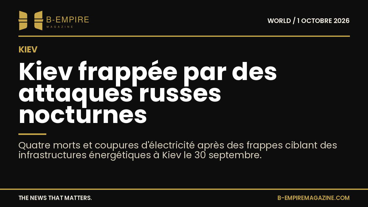 Vue nocturne de Kiev avec des éclairs lumineux symbolisant les frappes aériennes et des icônes d'électricité coupée