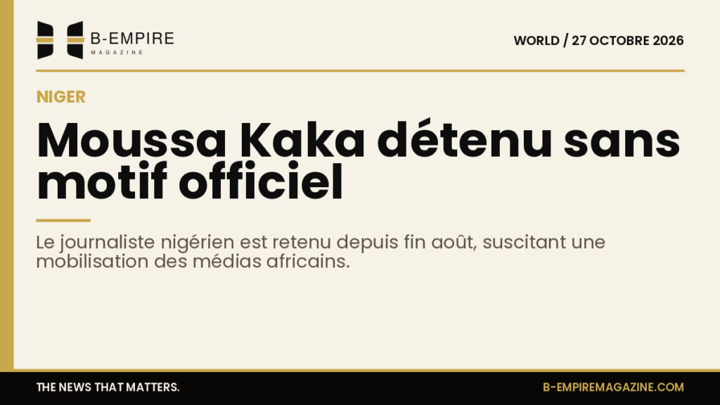 Visuel avec une bande or sur fond papier, titre encre indiquant la détention de Moussa Kaka au Niger