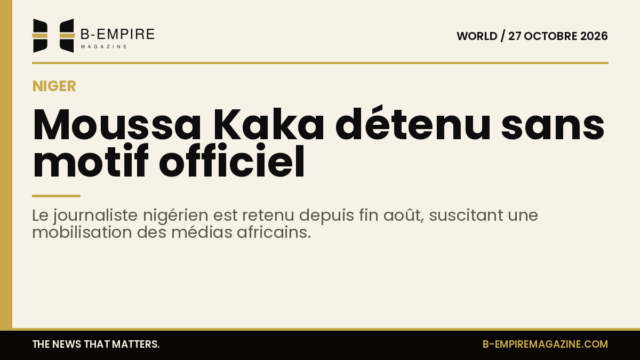 Visuel avec une bande or sur fond papier, titre encre indiquant la détention de Moussa Kaka au Niger