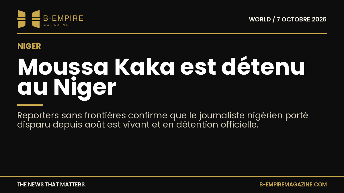 Portrait de Moussa Kaka, journaliste nigérien, avec un fond sombre et le logo de Reporters sans frontières en filigrane.