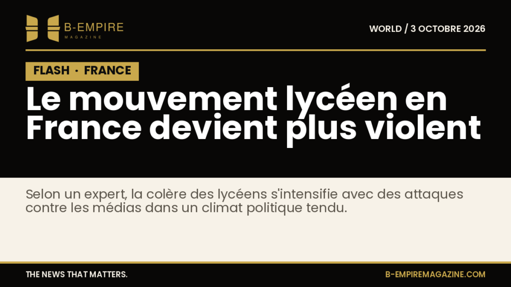 Texte sur fond noir avec un bloc noir marqué « FLASH » et le titre en or et blanc sur le mouvement lycéen en France