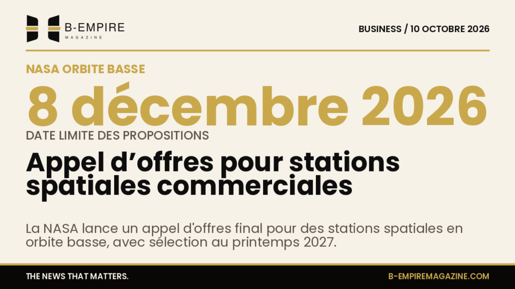 Graphique stylisé montrant une station spatiale en orbite terrestre basse avec un fond noir et des textes en or et encre.