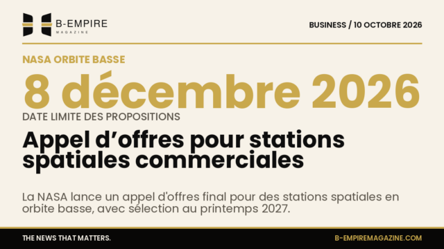 Graphique stylisé montrant une station spatiale en orbite terrestre basse avec un fond noir et des textes en or et encre.