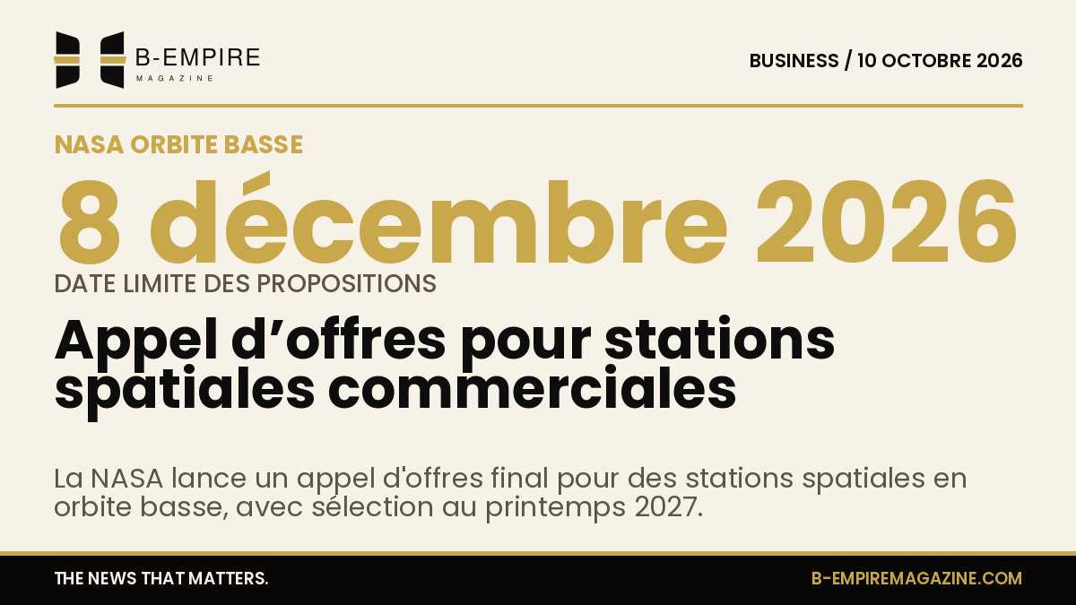 Graphique stylisé montrant une station spatiale en orbite terrestre basse avec un fond noir et des textes en or et encre.