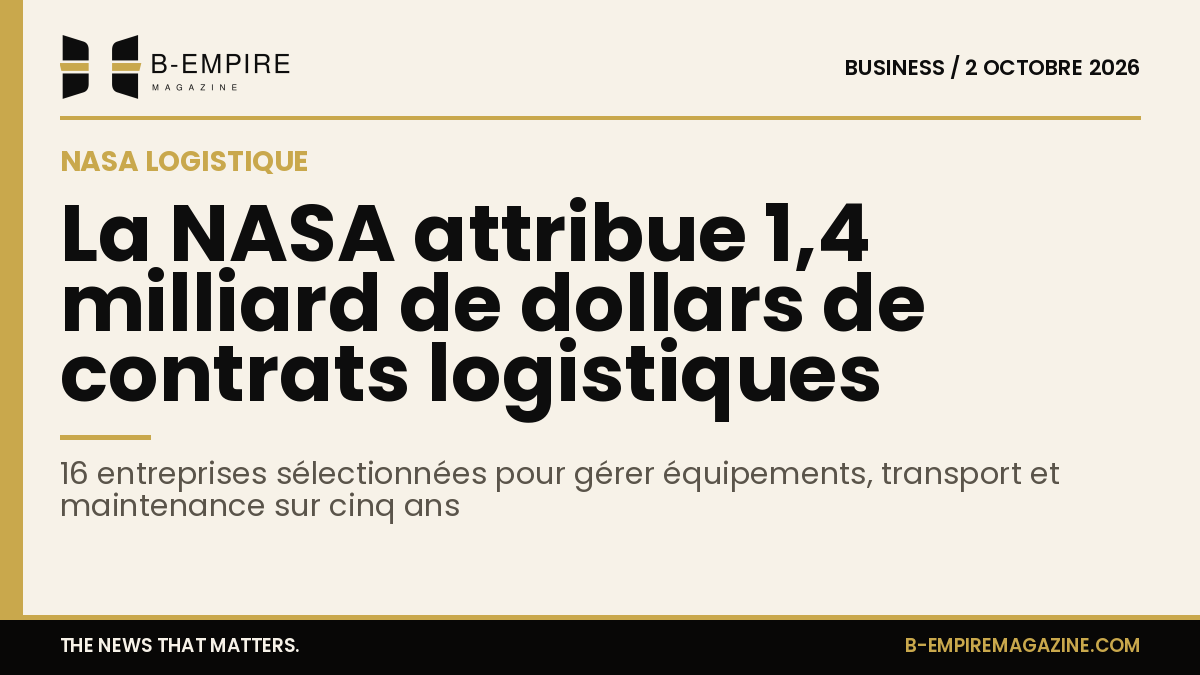 Visuel avec bande or sur fond papier présentant le titre : La NASA attribue 1,4 milliard de dollars de contrats logistiques à 16 entreprises