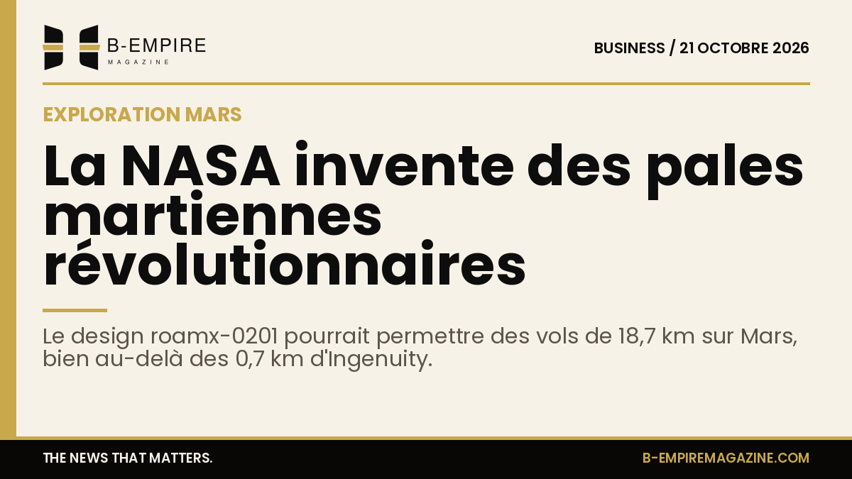 Illustration d'un hélicoptère martien avec ses pales innovantes sur fond de paysage martien