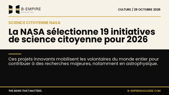 Visuel divisé avec fond papier à gauche, noir à droite, titre à cheval annonçant la sélection de 19 projets de science citoyenne par la NASA en 2026