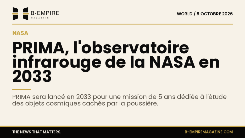 Illustration d'un observatoire spatial PRIMA en orbite, avec un fond étoilé et des couleurs or et encre.