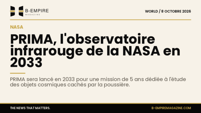 Illustration d'un observatoire spatial PRIMA en orbite, avec un fond étoilé et des couleurs or et encre.