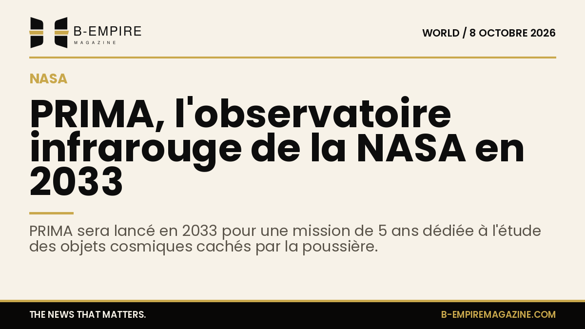 Illustration d'un observatoire spatial PRIMA en orbite, avec un fond étoilé et des couleurs or et encre.