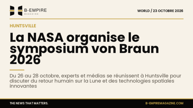 Affiche du symposium von Braun 2026 avec le logo NASA et des images de la Lune et d'une fusée stylisée sur fond papier encre et or.