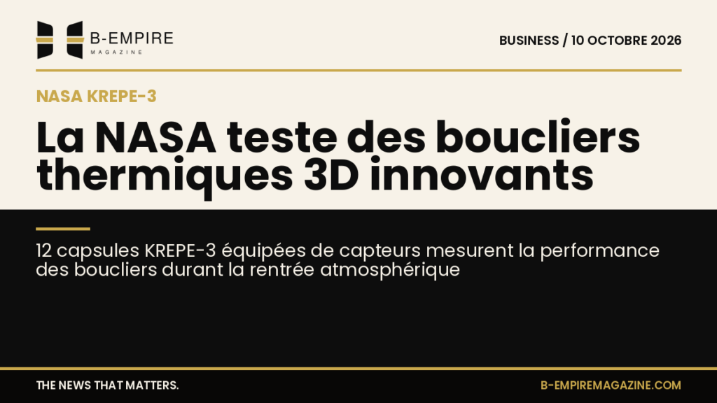 Visuel représentant une capsule spatiale KREPE-3 en rentrée atmosphérique avec des effets lumineux symbolisant la chaleur et la protection thermique.