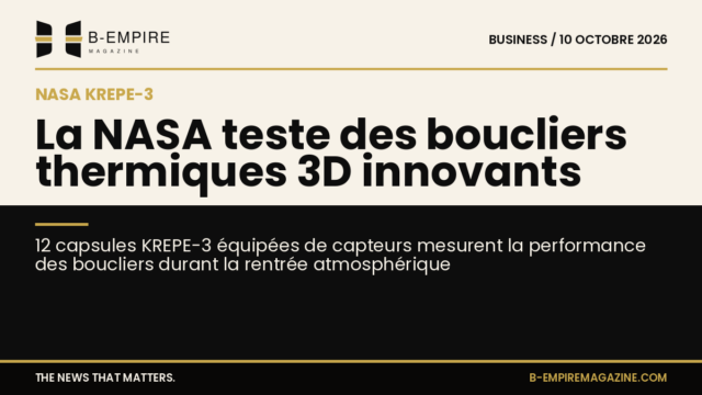Visuel représentant une capsule spatiale KREPE-3 en rentrée atmosphérique avec des effets lumineux symbolisant la chaleur et la protection thermique.