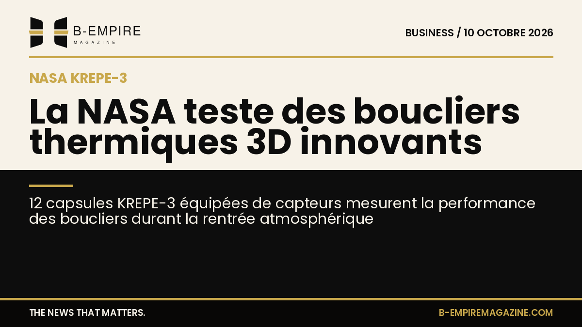 Visuel représentant une capsule spatiale KREPE-3 en rentrée atmosphérique avec des effets lumineux symbolisant la chaleur et la protection thermique.
