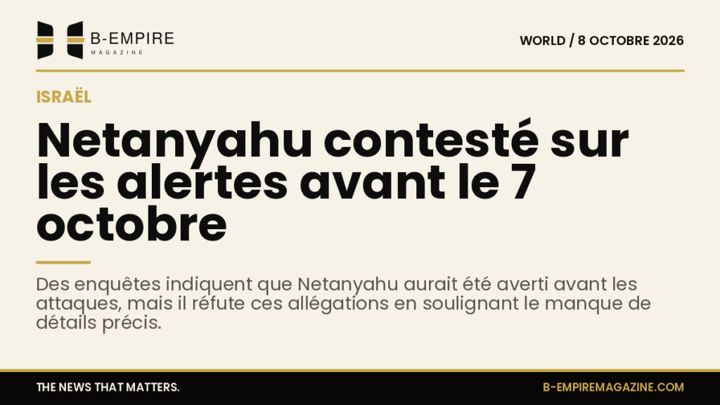 Portrait de Benjamin Netanyahu avec un fond neutre et un texte sur les alertes avant les attaques du 7 octobre en Israël.
