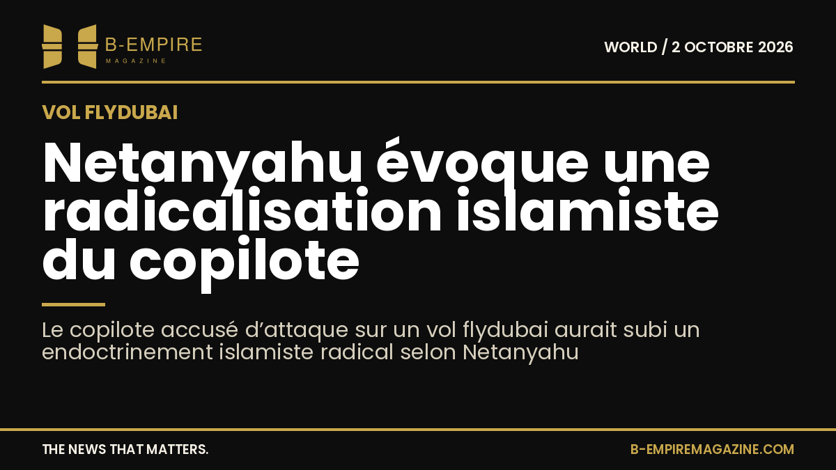 Image stylisée avec texte blanc et or sur fond noir évoquant un vol flydubai et Netanyahu