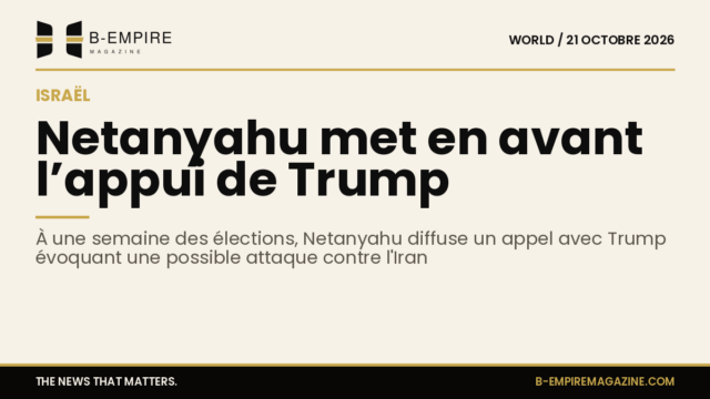 Visuel stylisé avec un chiffre 1 semaine sur fond encre et or, symbolisant le délai avant les élections israéliennes et le soutien de Trump à Netanyahu.