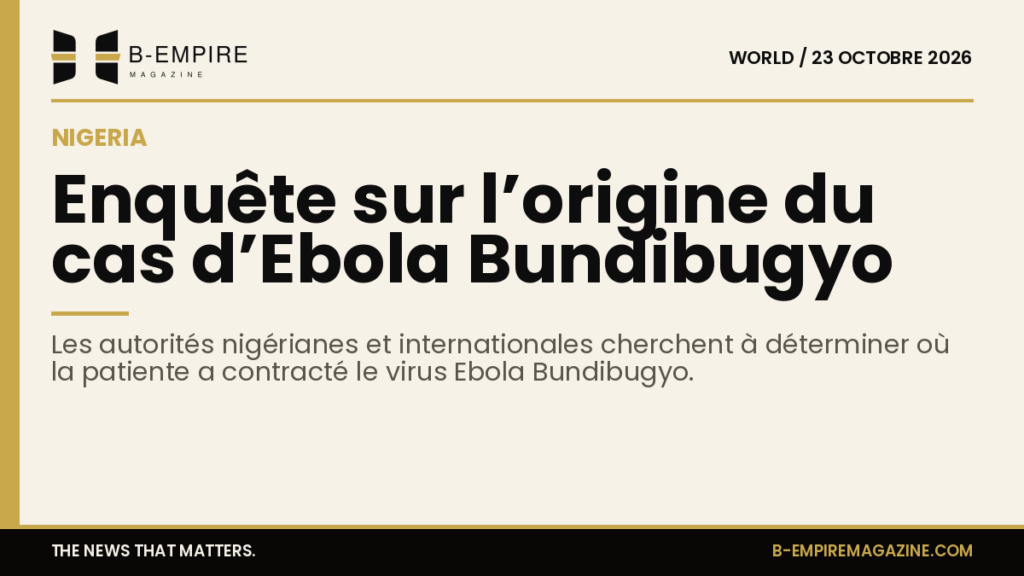 Visuel avec bande or et titre en encre évoquant l’enquête épidémiologique sur un cas d’Ebola au Nigeria