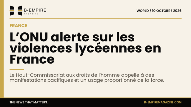 Texte orange sur bande or avec titre encre concernant l'inquiétude de l'ONU face aux violences lors des manifestations lycéennes en France