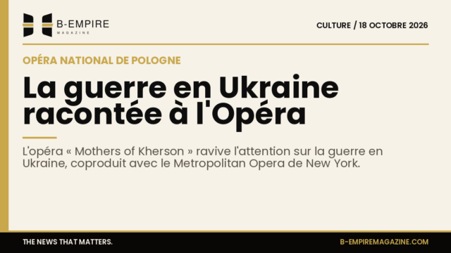 Affiche de l'opéra Mothers of Kherson à l'Opéra national de Pologne avec des symboles ukrainiens et visuels dramatiques.