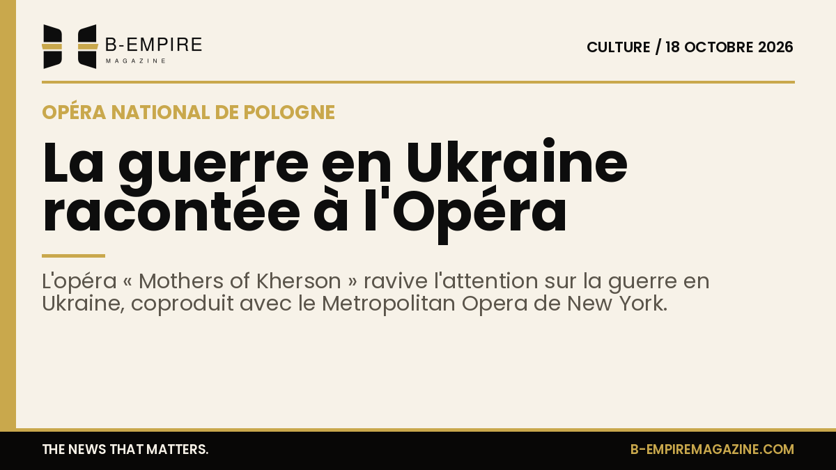 Affiche de l'opéra Mothers of Kherson à l'Opéra national de Pologne avec des symboles ukrainiens et visuels dramatiques.