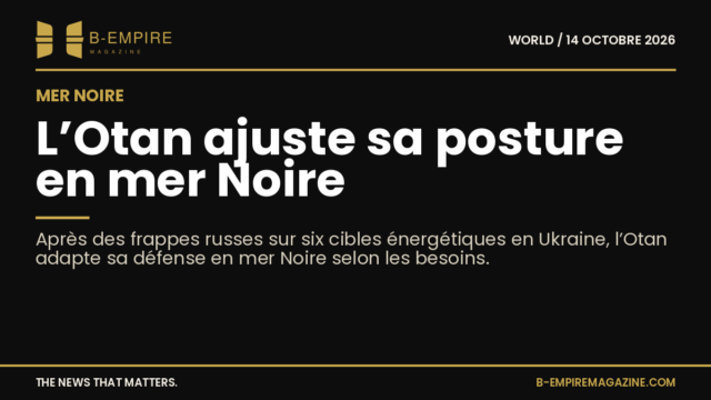 Carte stylisée en noir et or de la mer Noire avec des icônes représentant des frappes sur des cibles énergétiques en Ukraine et la présence militaire de l’Otan.