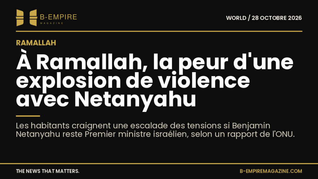 Vue de Ramallah avec des habitants inquiets, symbolisant la peur d'une escalade de violence liée à Netanyahu au pouvoir