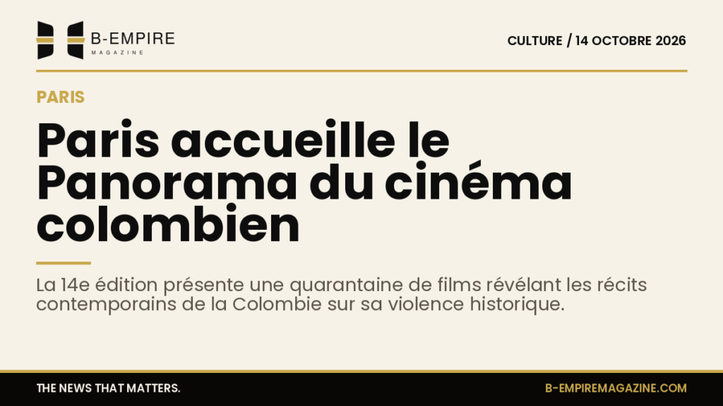 Affiche du Panorama du cinéma colombien à Paris avec une sélection de films et un dessin de chien stylisé