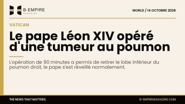 Portrait du pape Léon XIV avec un fond neutre, logo B-Empire en bas